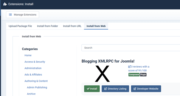Screenshot of Extensions page in Joomla backend