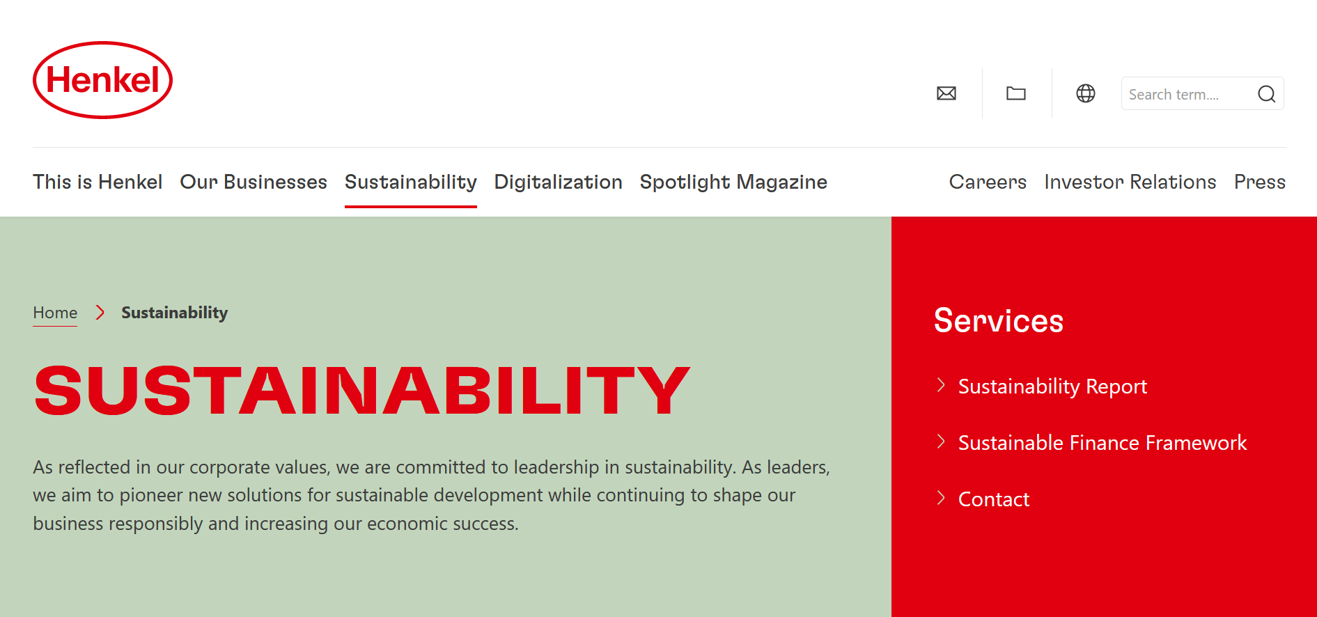 Screenshot of Henkel website: The “Sustainability” section