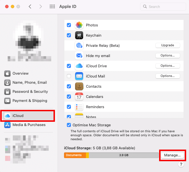Screenshot of iCloud settings in Mac