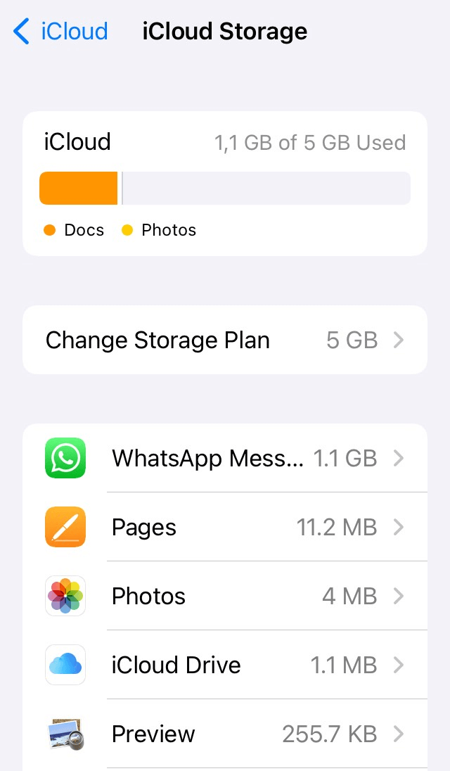 Screenshot of “iCloud Storage” on iPhone