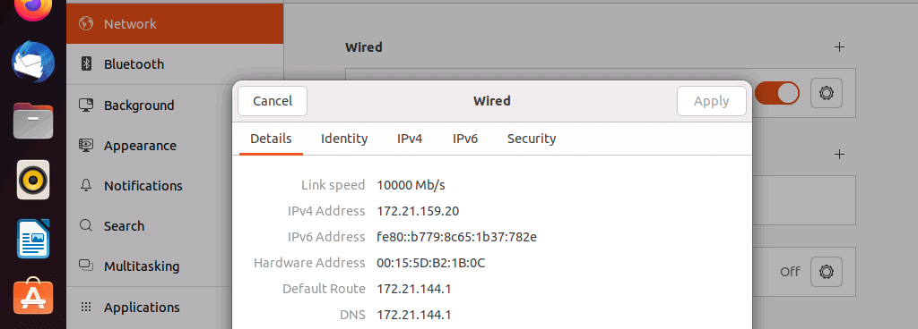Screenshot of network options in Ubuntu