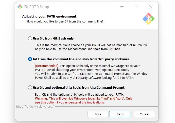 Screenshot of PATH environment options during Git Bash installation