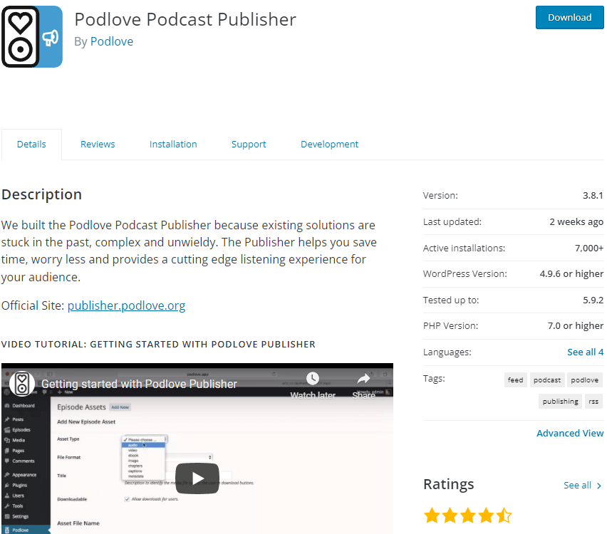 Screenshot of Podlove Podcast plugin on WordPress