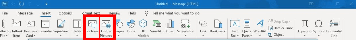Screenshot of the “Insert” menu in Outlook 2016