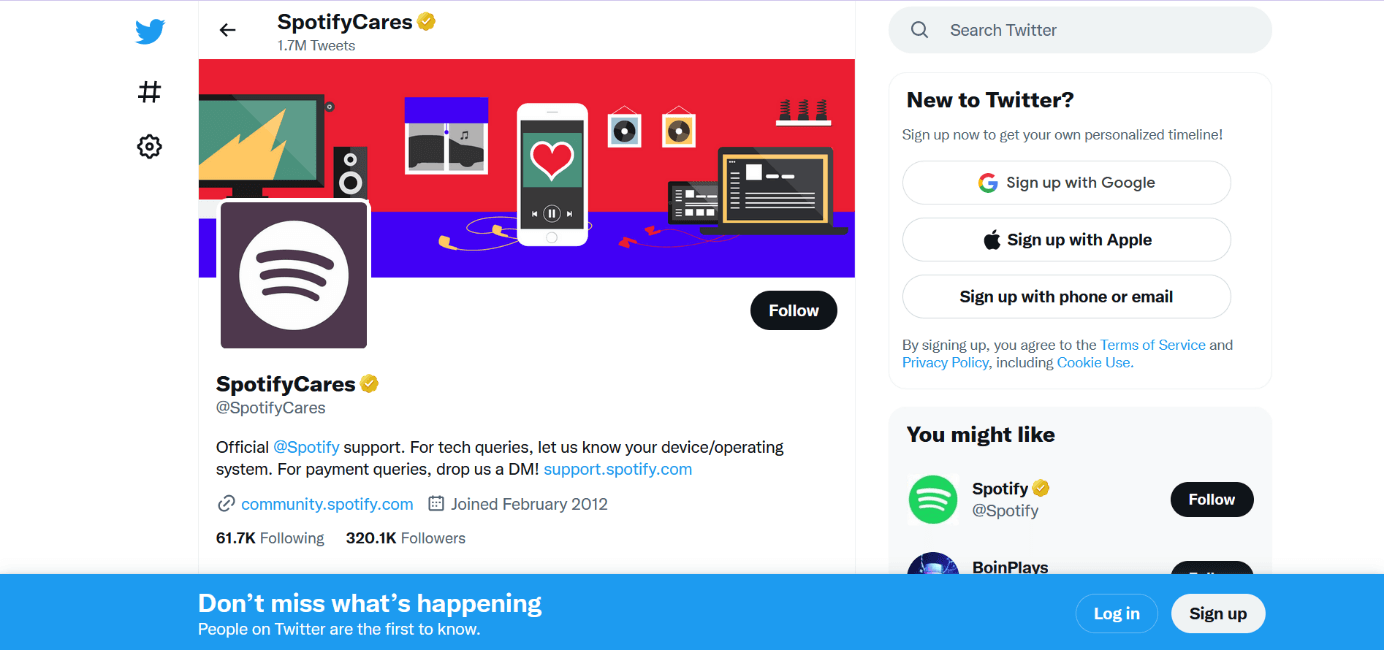 Screenshot of the Twitter account of SpotifyCares