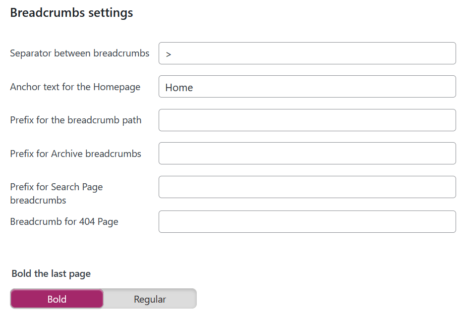 Screenshot of Yoast SEO breadcrumb settings in WordPress