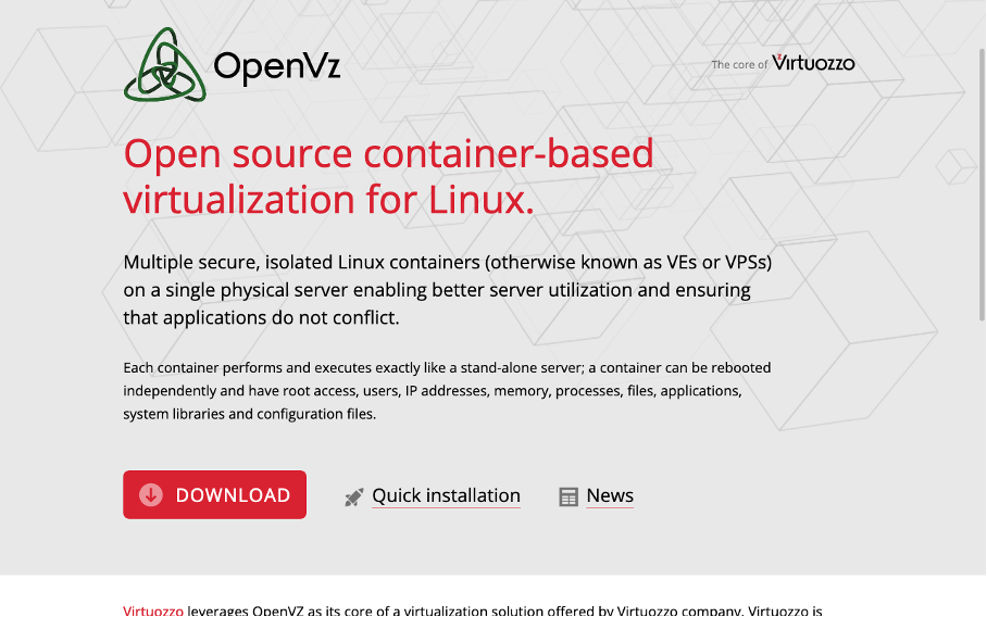Screenshot of OpenVZ Website