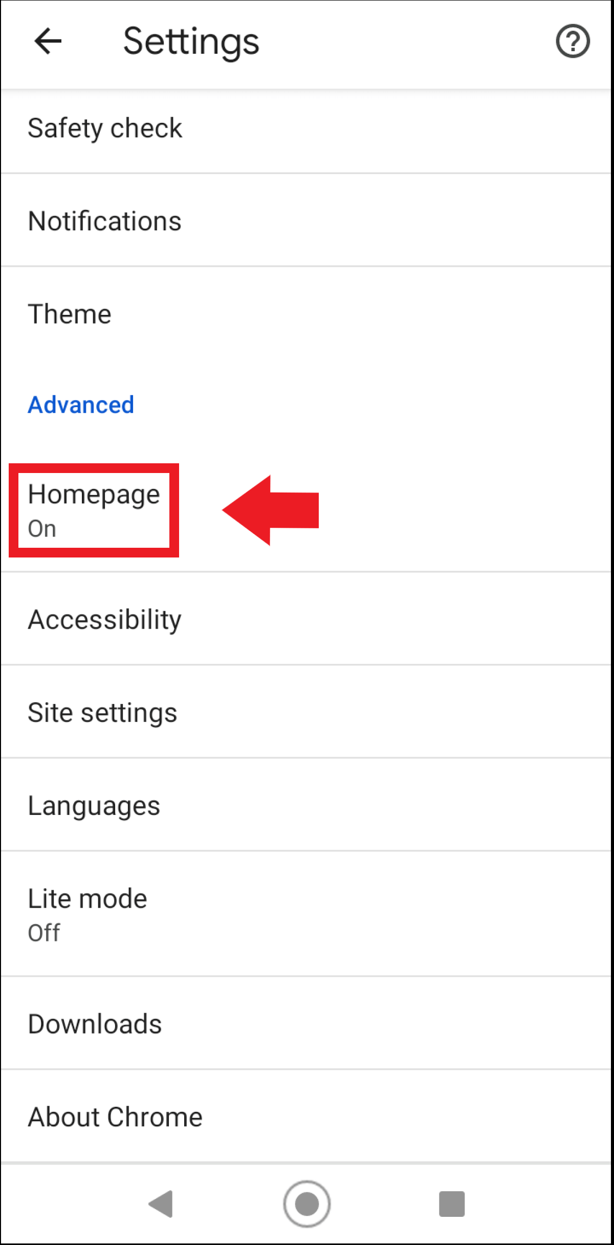 Select “Homepage” in the settings menu of your Chrome app