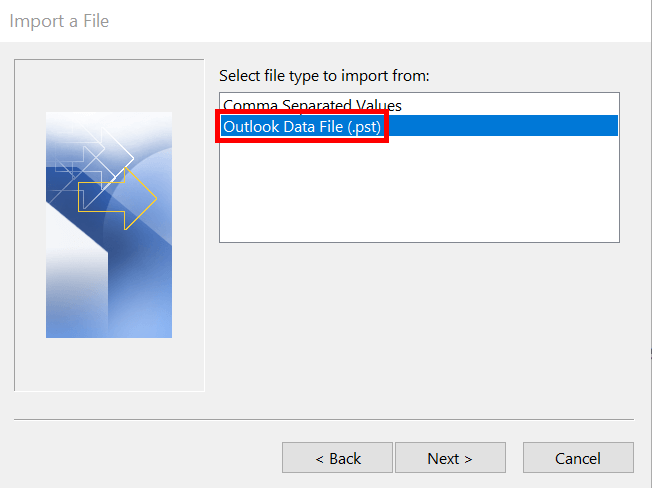 Select the appropriate file format in the Outlook Wizard