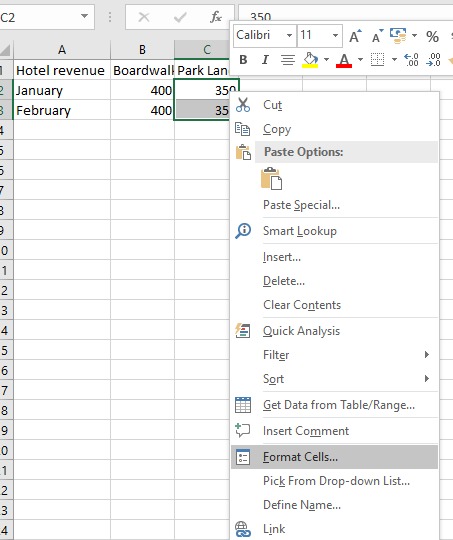 Selected cells in Excel and “Format Cells” menu