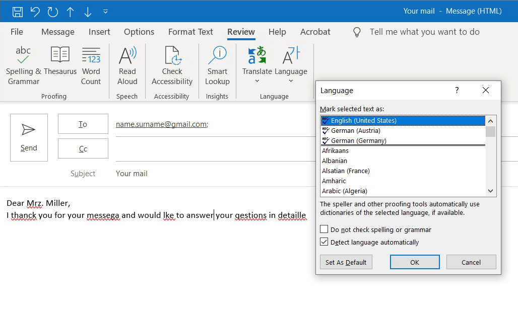 Outlook: Spell checker language overview