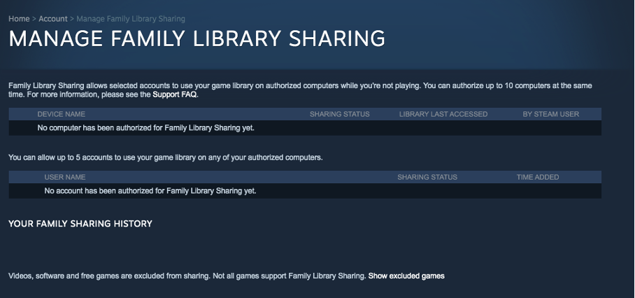 Screenshot of the Steam Family Library Sharing page