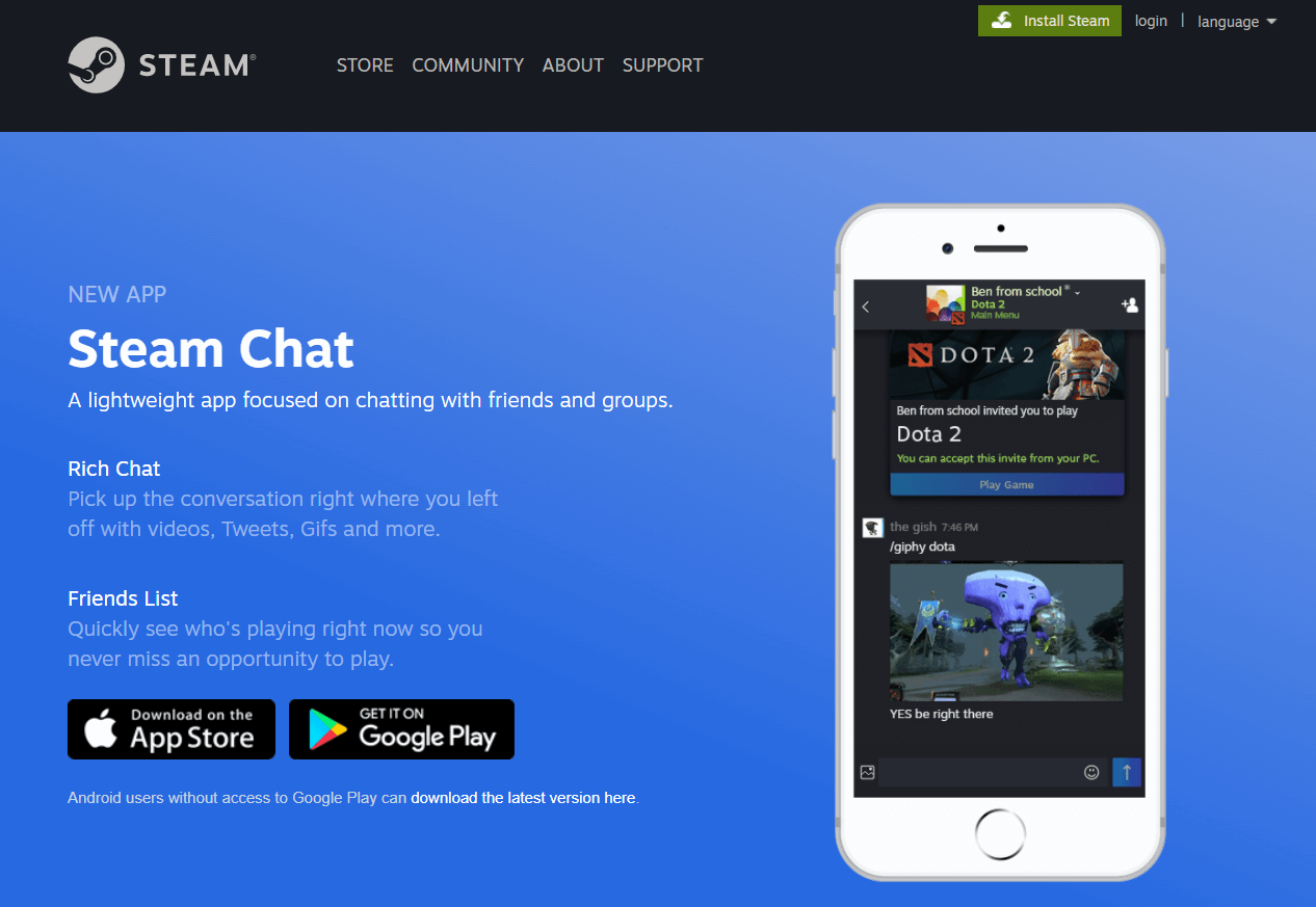Steam store page advertising the Steam chat app