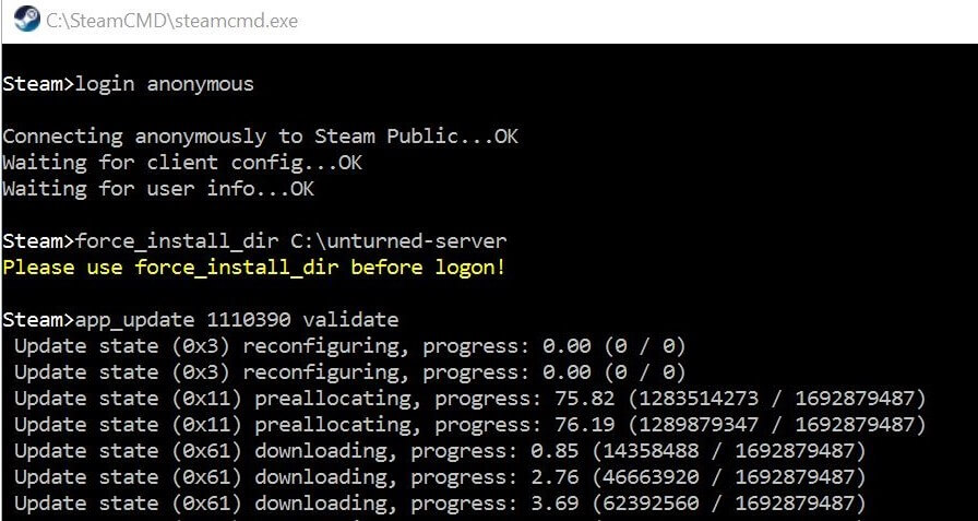 SteamCMD: Installing the Unturned server software