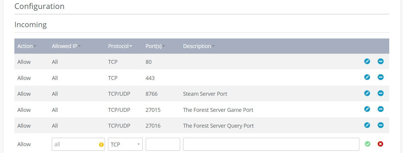 Port rules for “The Forest” dedicated server in IONOS Cloud Panel