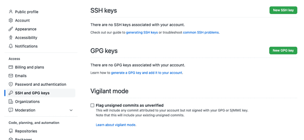 The GitHub account settings page