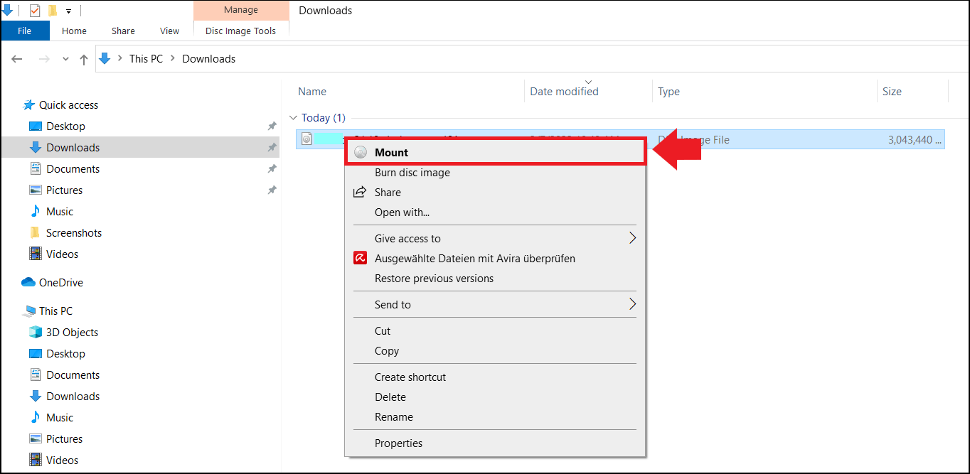The “Mount” command in the context menu of the ISO file