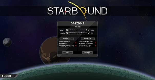 The options menu of Starbound