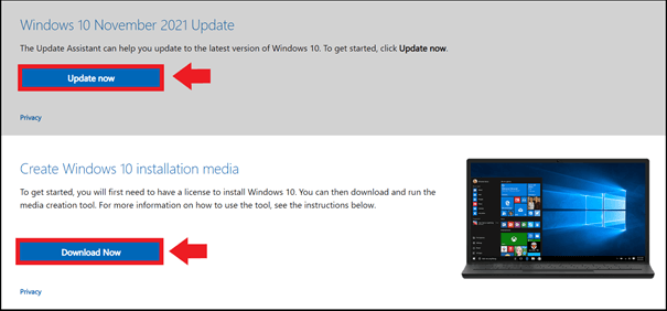 The Windows download page with options like “Update Now” or downloading the Media Creation Tool