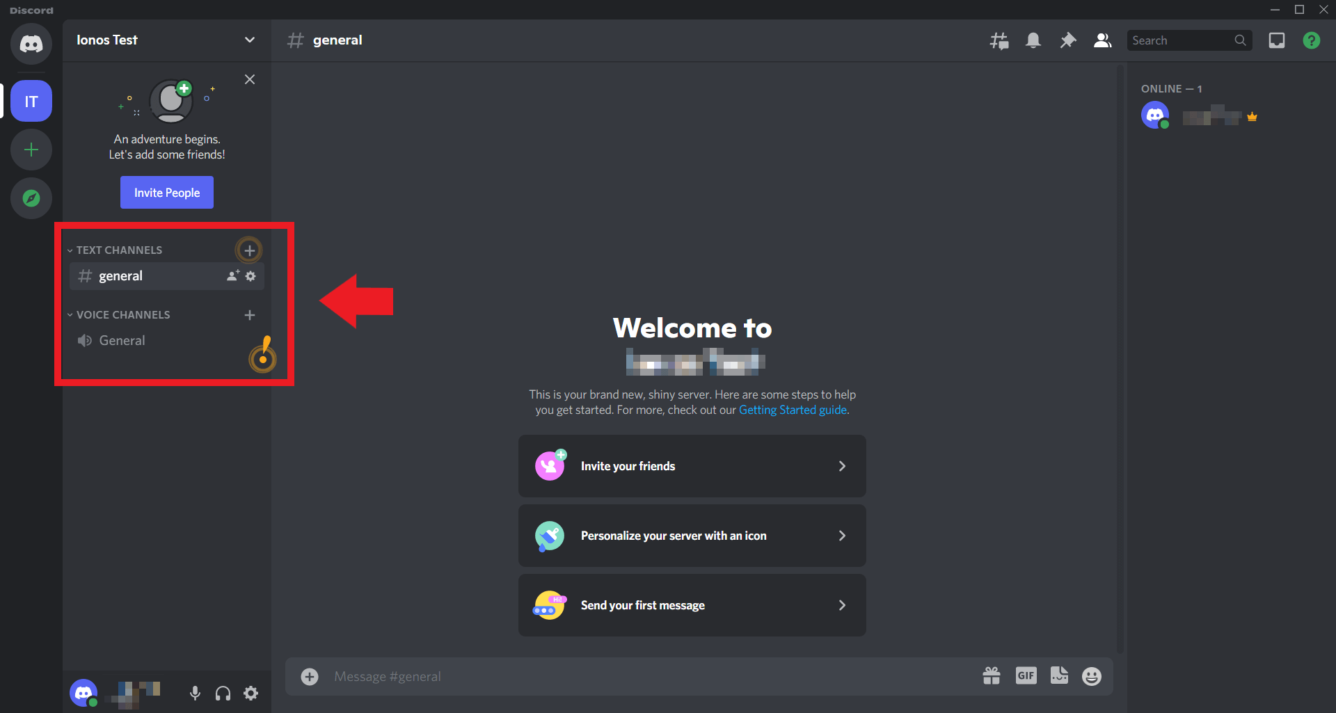 To create new channels, click on the plus symbol next to “Text Channels” and “Voice Channels”