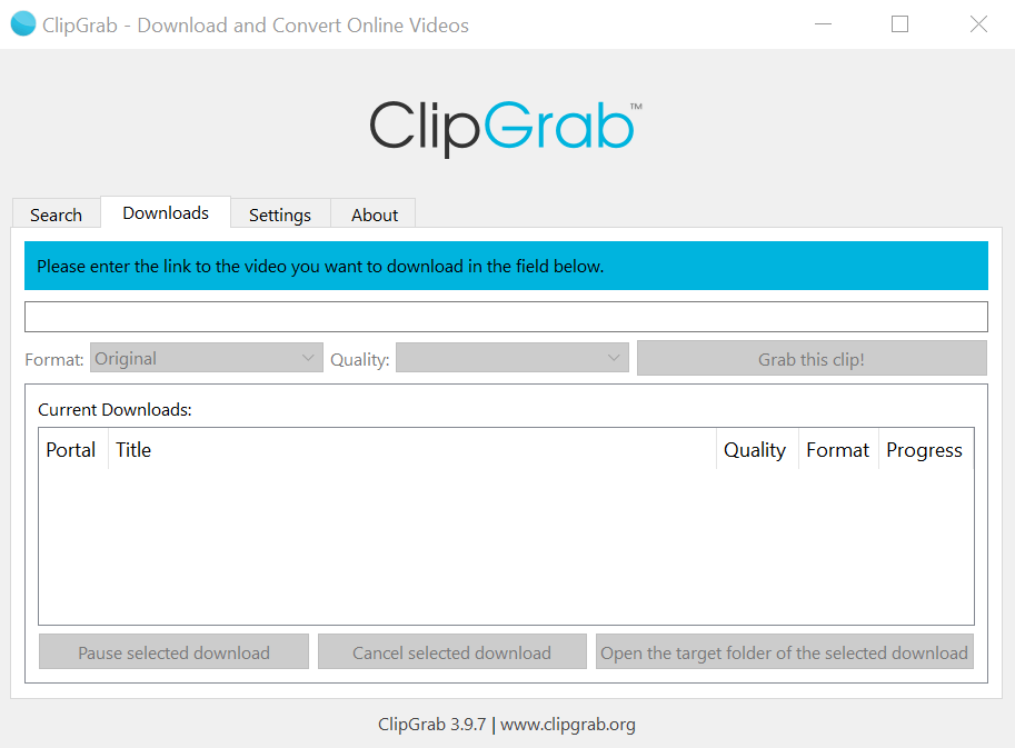 User interface of ClipGrab