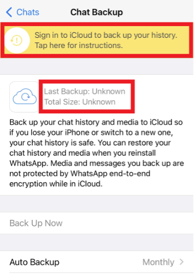 iPhone screenshot of WhatsApp’s “Chat Backup” section with a yellow box indicating a required iCloud login
