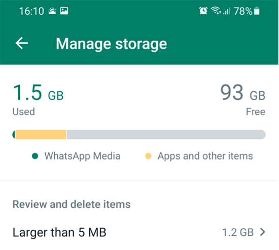 Screenshot of “Manage storage” in WhatsApp
