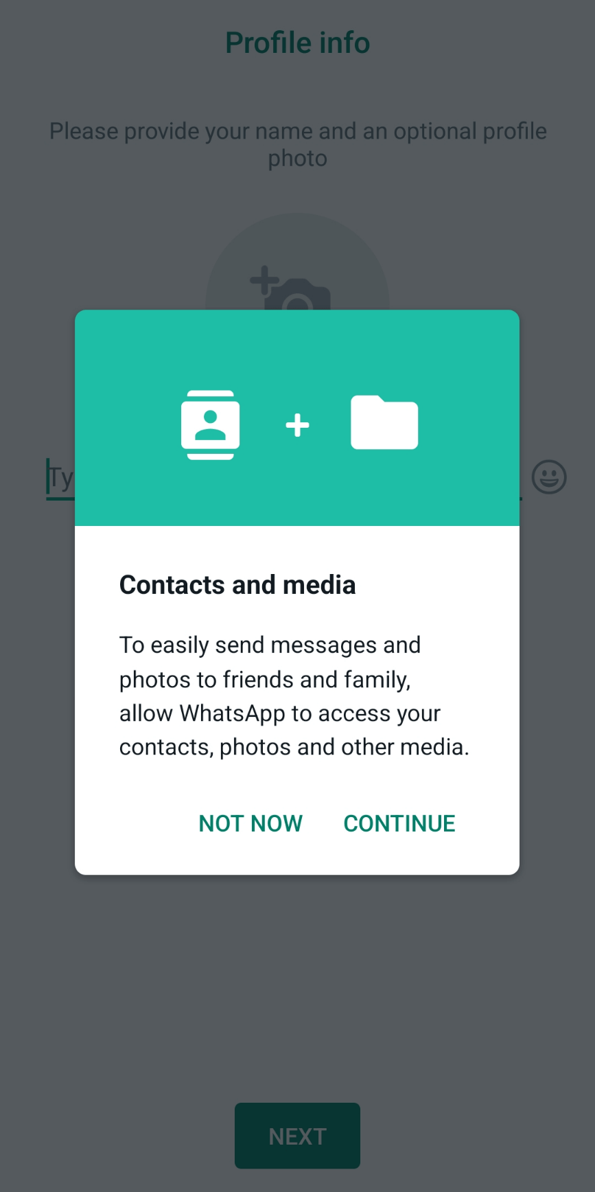 WhatsApp popup message for sharing contacts and media