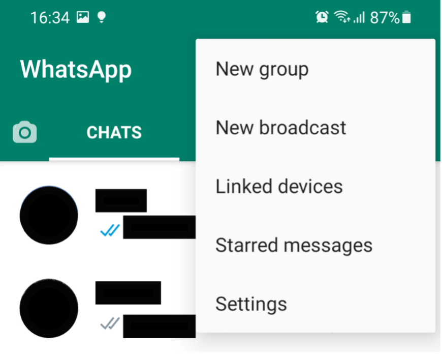 Screenshot of WhatsApp with the navigation menu open