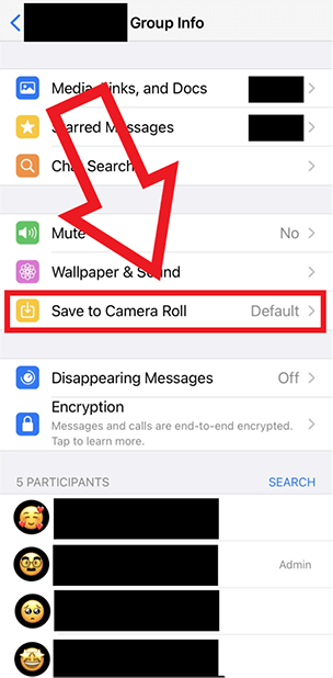 iPhone screenshot highlighting “Save to Camera Roll” option in Group Info