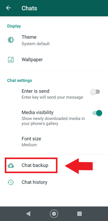 WhatsApp chat menu in “Chat backup”