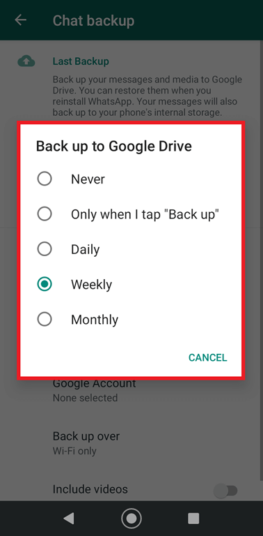 WhatsApp chat backup menu for Google Drive