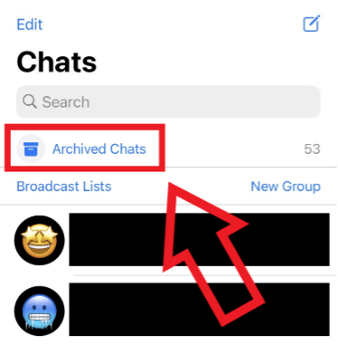 iPhone screenshot of WhatsApp’s “Archived Chats” option above the chat listing
