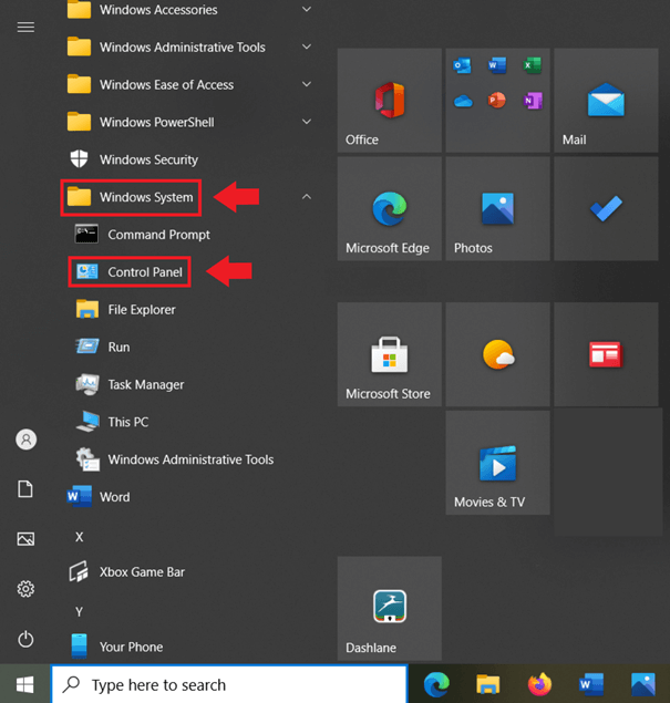 Go to “Windows System” and “Control Panel” at the bottom of the Windows Start menu