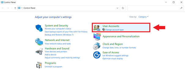 : Click “Change account type” under “User Accounts” to check or change the status of your user account