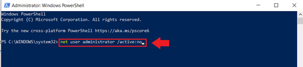 Enter the command “net user administrator /active:no” to disable the administrato