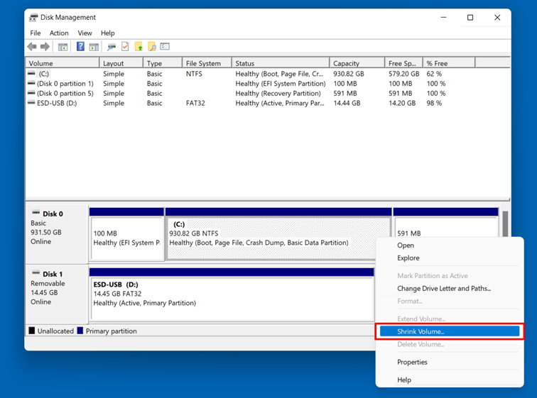 Shrink Volume in Windows 11