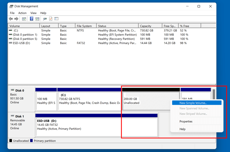 Windows 11 Disk Management: Unallocated storage
