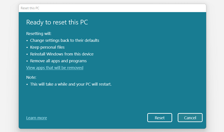 Windows 11 Reset: summary of action