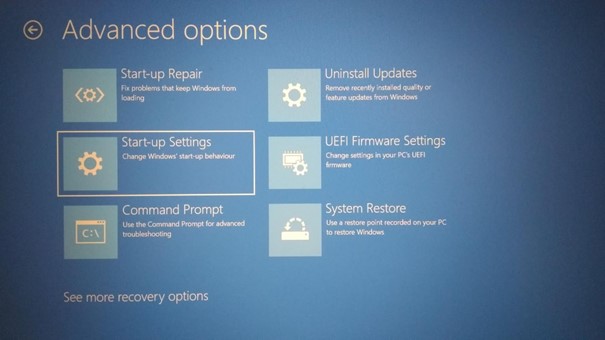 “Start-up Settings” entry in advanced options