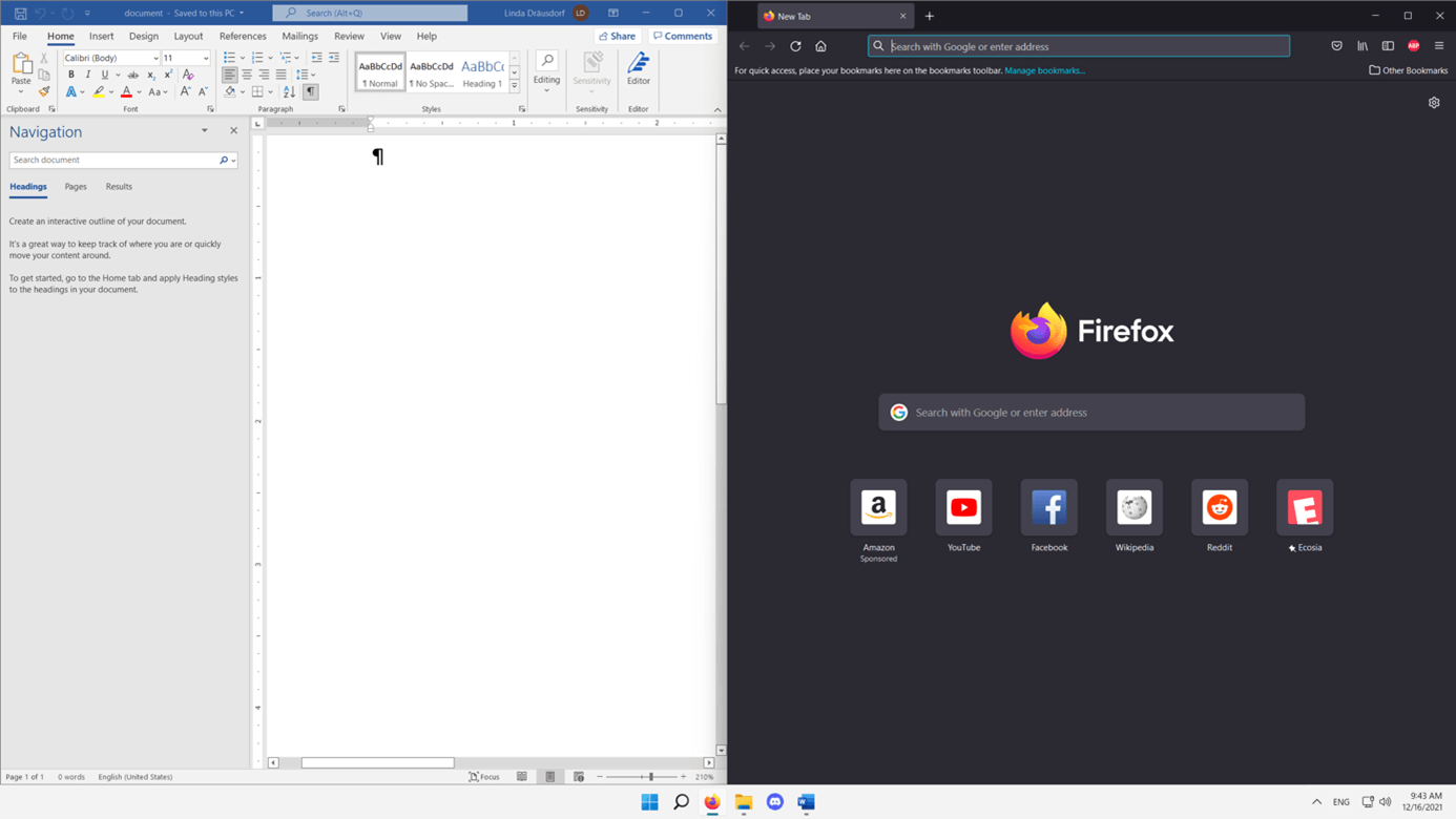 Windows 11: Word and Firefox in split-screen mode