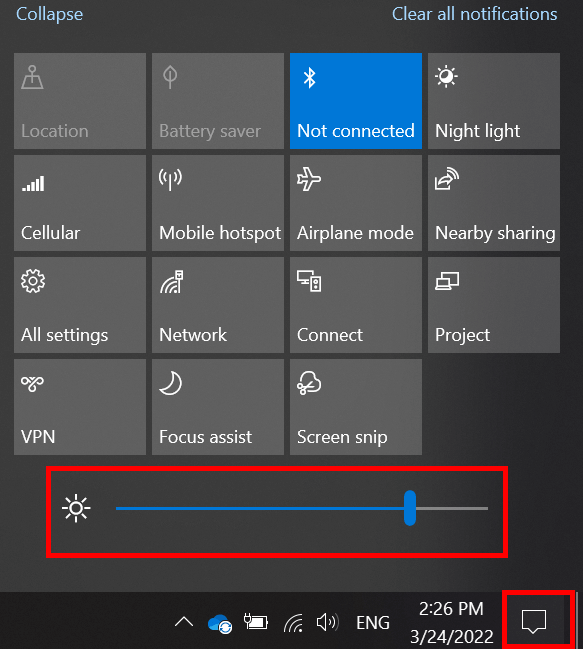 Windows 10 Action Center: adjusting the screen brightness