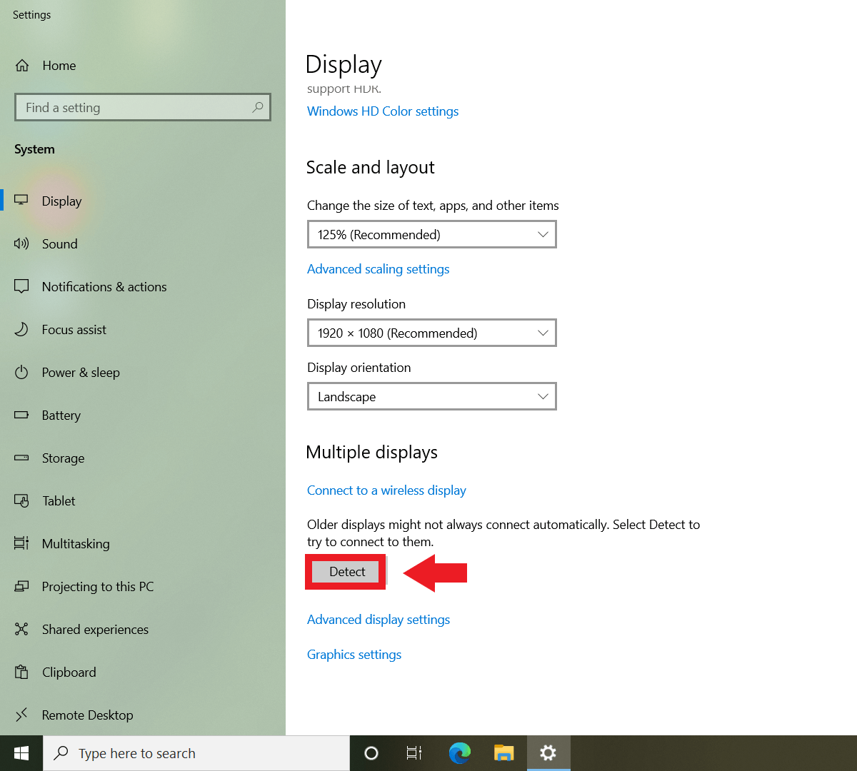 Windows 10 display menu with “Detect” option for “Multiple displays”
