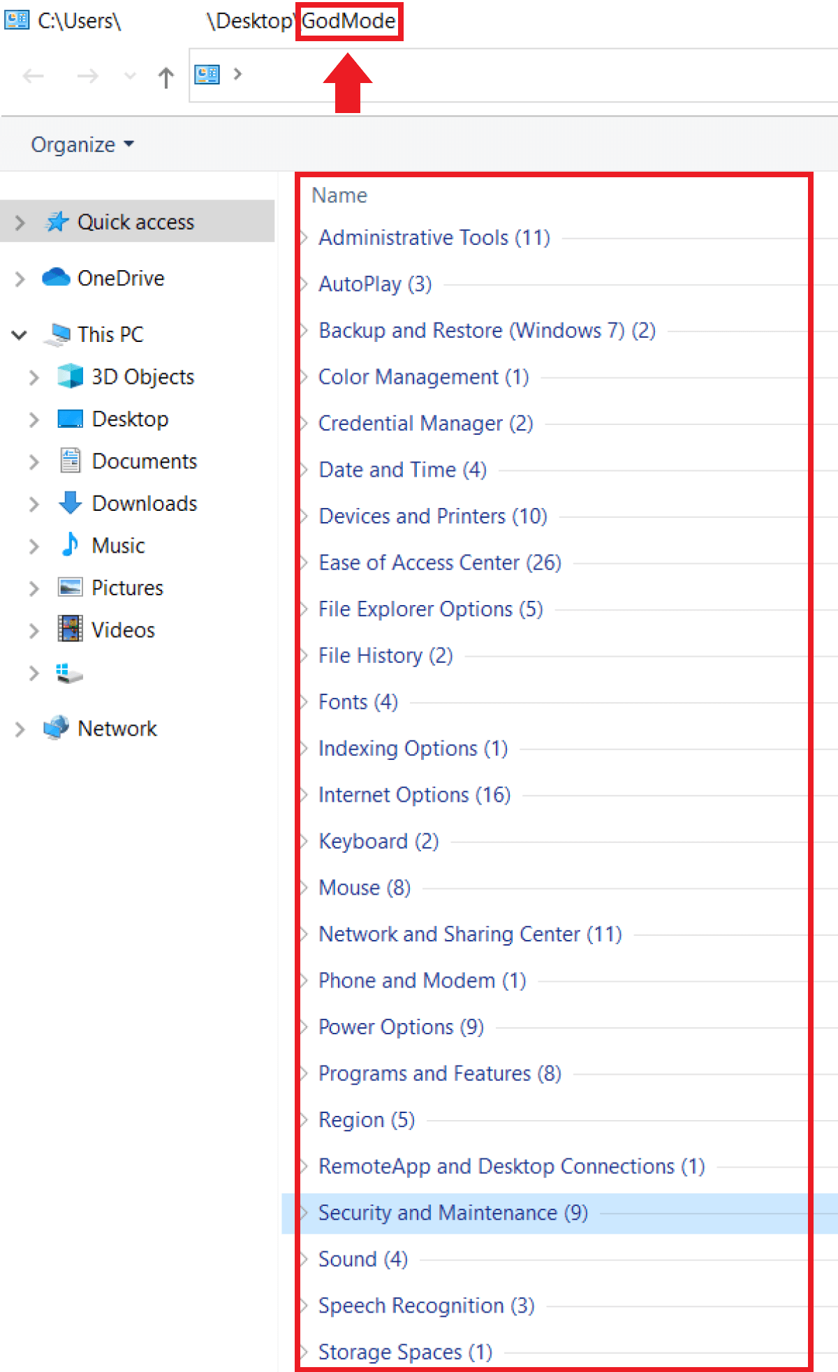 Windows 10 God Mode folder with 250 control panel settings