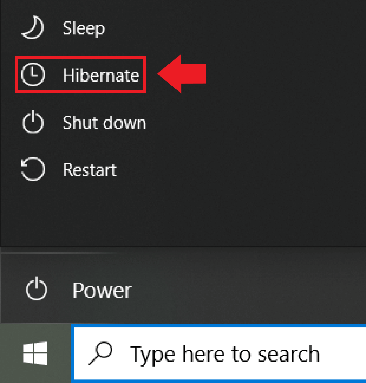 Windows 10: “Hibernate” option in Windows Start menu
