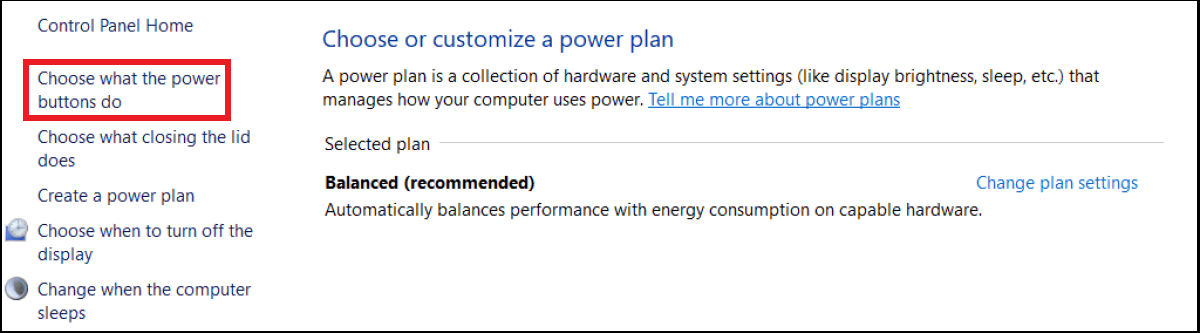 Windows 10: menu for “Additional power settings”