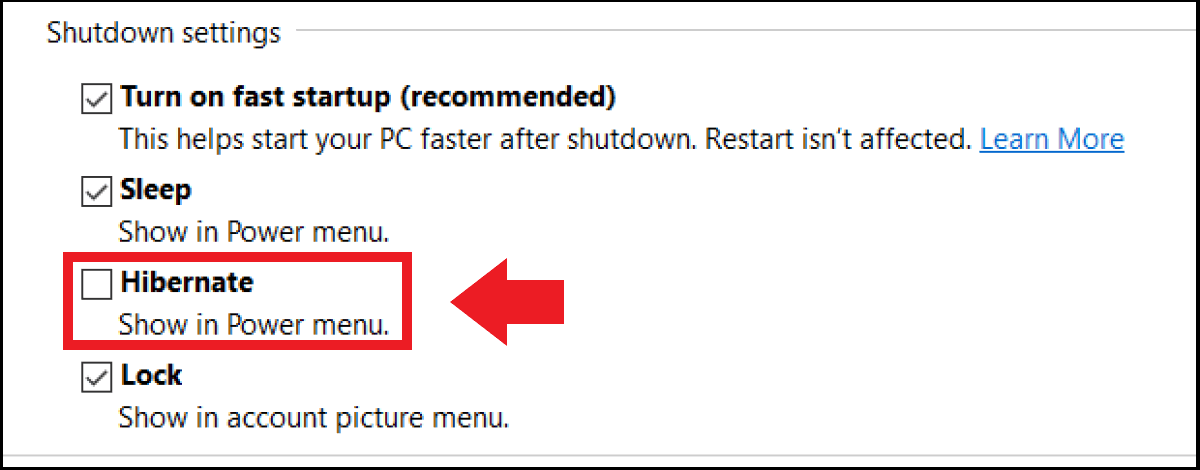 Windows 10: Menu “Shutdown settings”