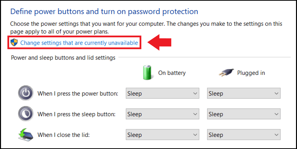 Windows 10: menu to define power saving options