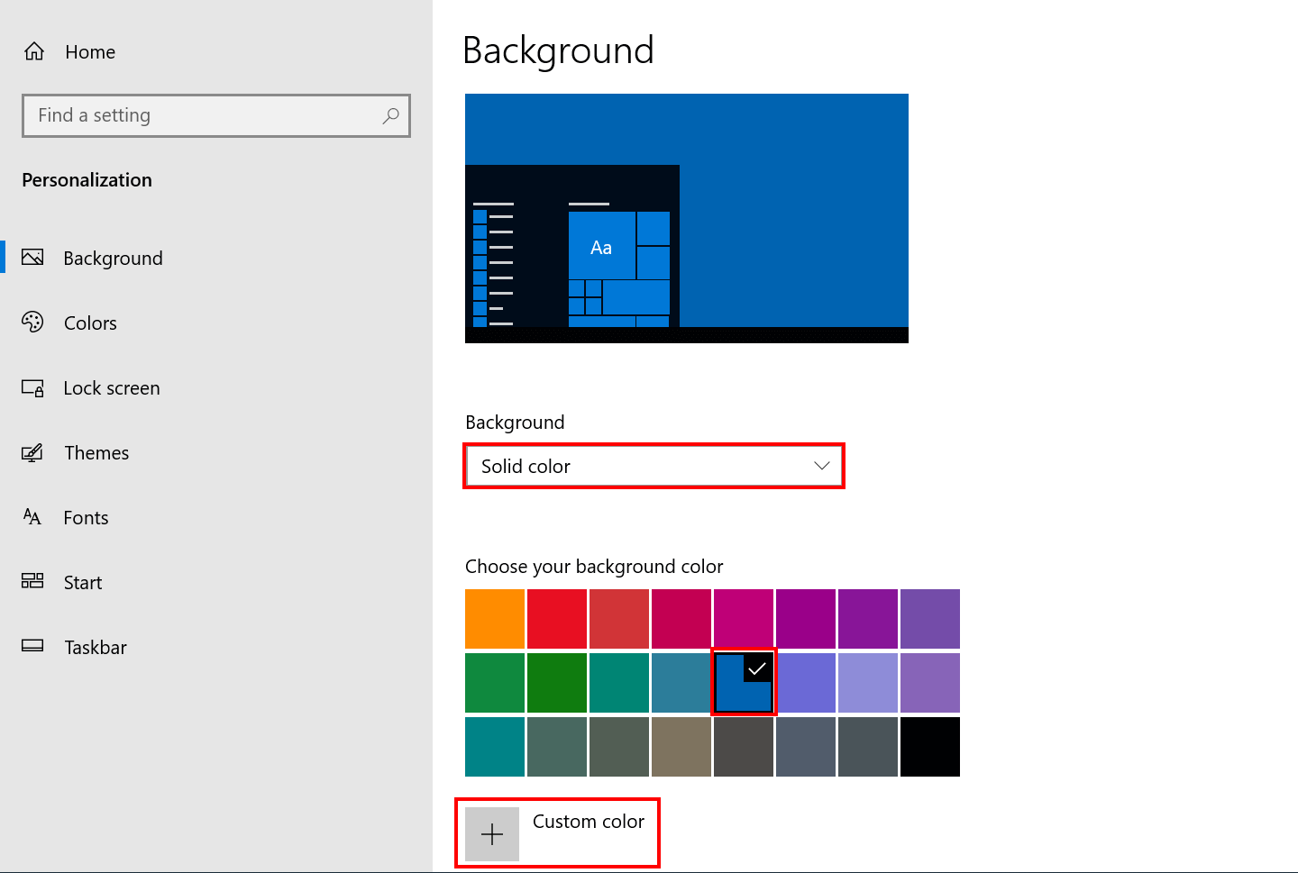 Windows 10: select solid color as background