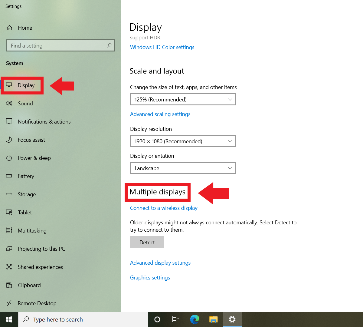 Windows 10: Settings with menu item “Display” and “Multiple displays”